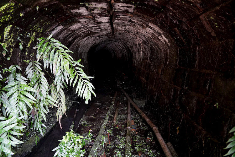 五番坑內昔日礦車軌道已不在，只剩下居民接山泉水的水管